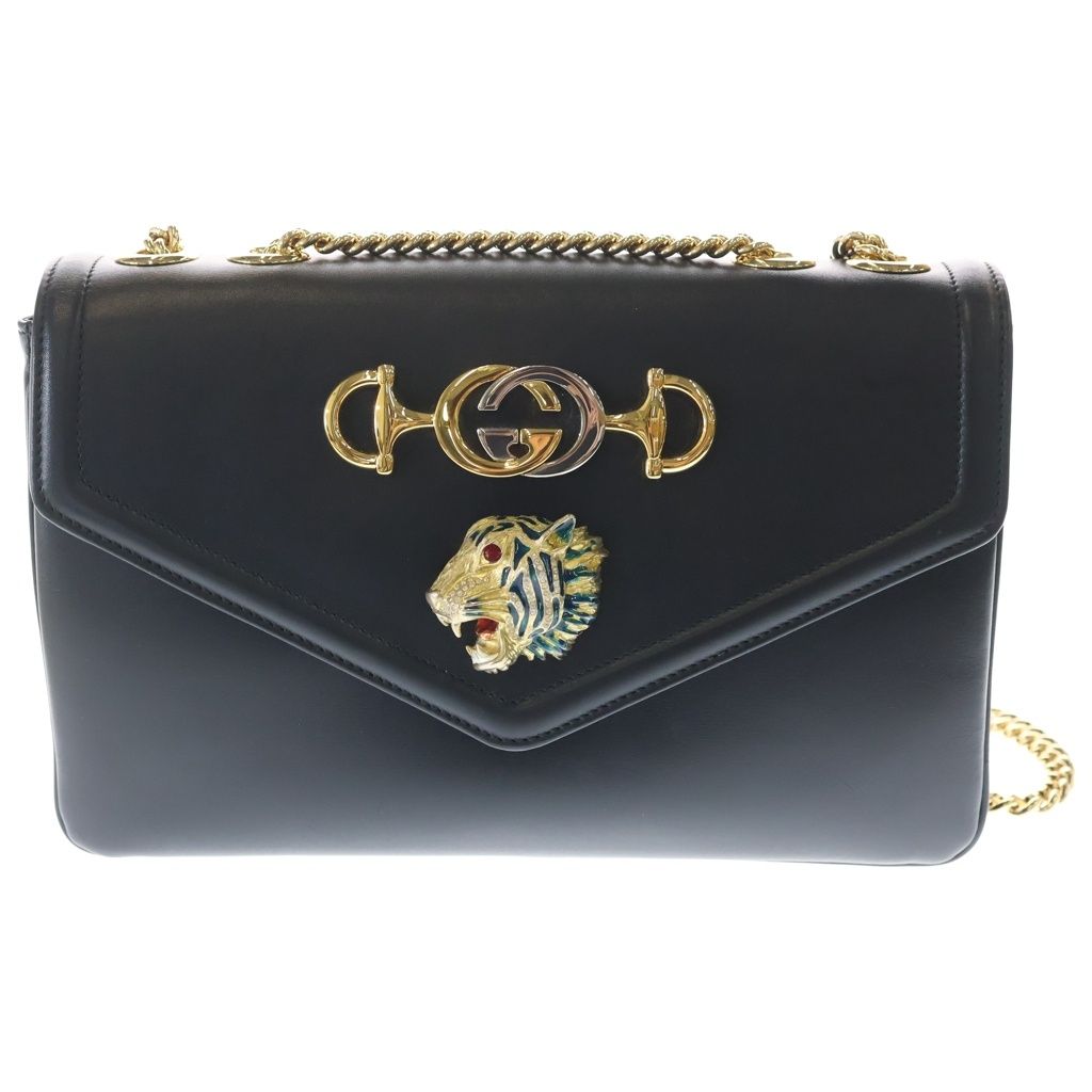 Gucci Raja Shoulder Bag Chain Black Leather Gold