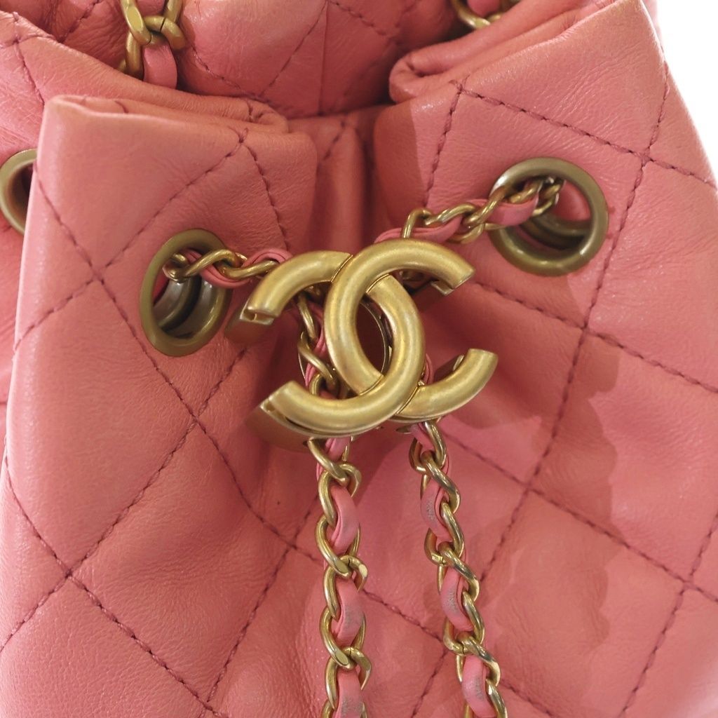 Chanel CC Logo Coco Ball Lambskin Leather Drawstring Chain Shoulder Bag Pink — view 6