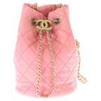 Chanel CC Logo Coco Ball Lambskin Leather Drawstring Chain Shoulder Bag Pink