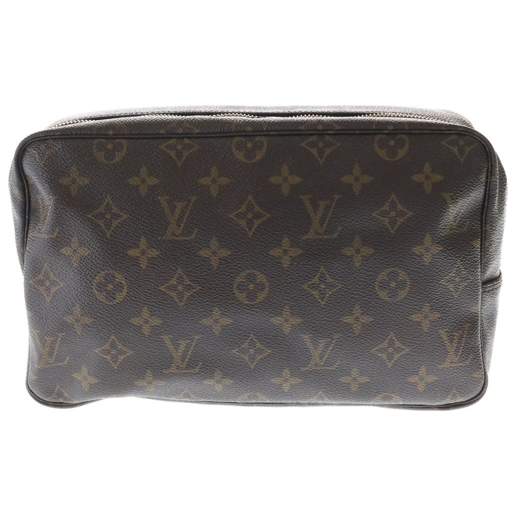 Louis Vuitton Monogram Trousse Toilet Clutch Case Pouch Brown Leather Gold