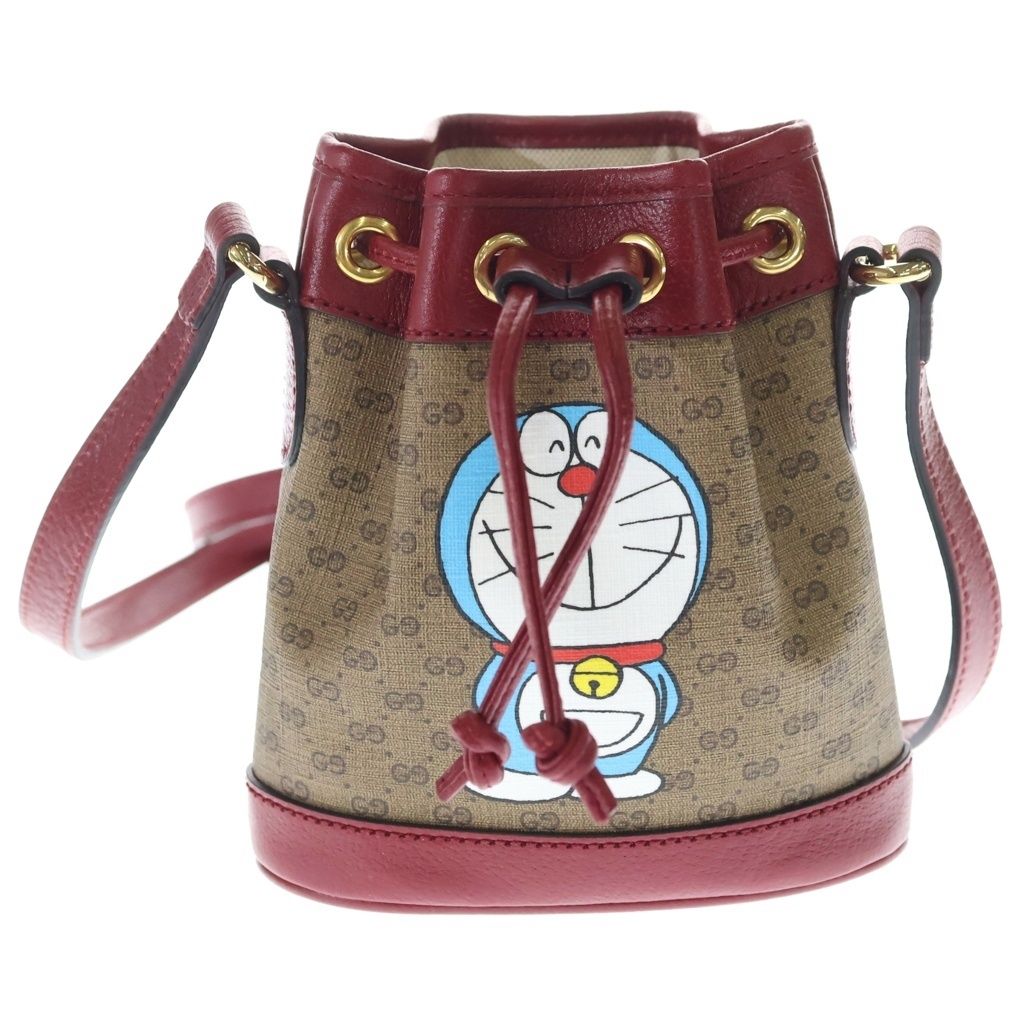 Gucci Doraemon Collaboration Mini Bucket Bag Mini GG Supreme Brown Red Leather
