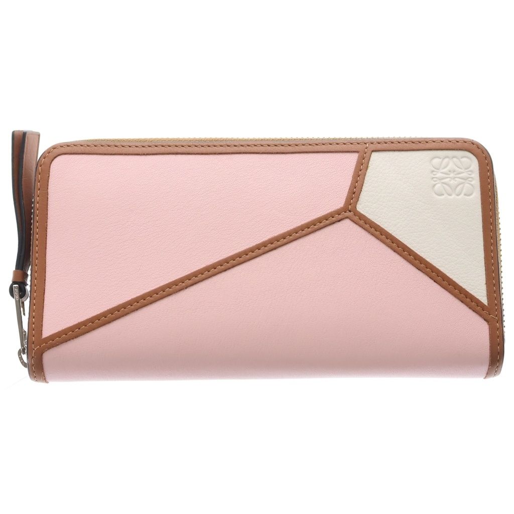 Loewe Puzzle Zip Around Wallet Pink Brown Calf Leather Multicolor Silver