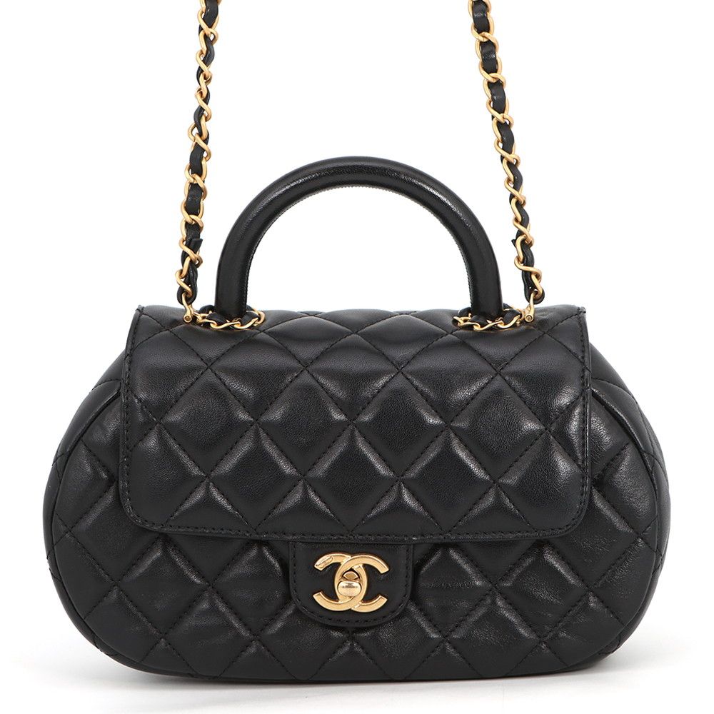Chanel Chain Shoulder Bag Quilted CC Logo Top Handle Lambskin 2-Way Black
