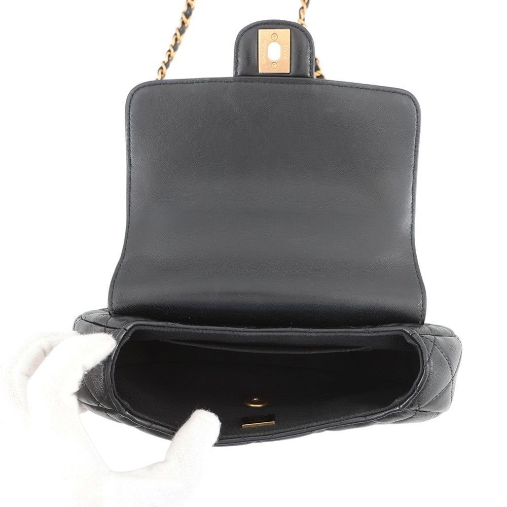 Chanel Chain Shoulder Bag Quilted CC Logo Top Handle Lambskin 2-Way Black — view 6