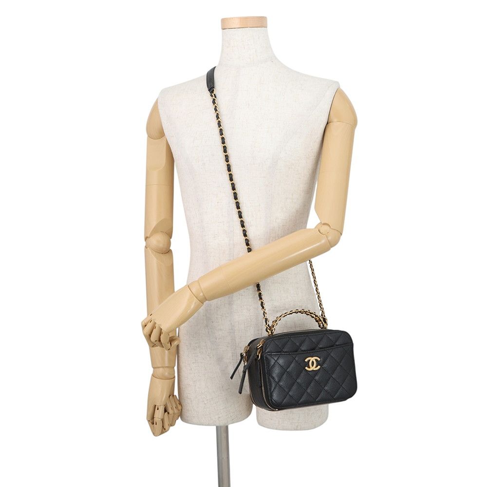 Chanel Chain Shoulder Bag CC Logo Quilted Vanity Top Handle Caviar Leather Black — view 5