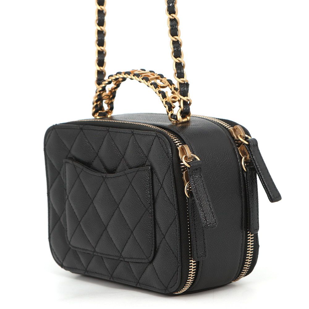 Chanel Chain Shoulder Bag CC Logo Quilted Vanity Top Handle Caviar Leather Black — view 2