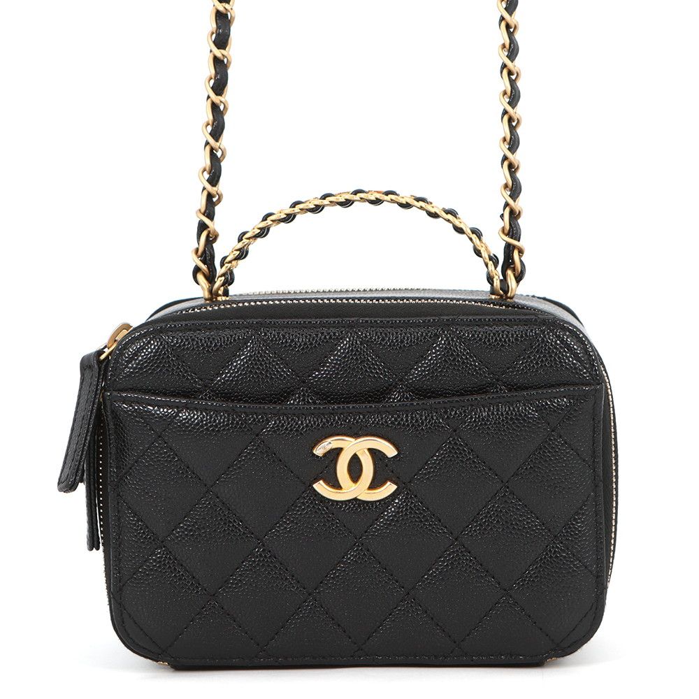 Chanel Chain Shoulder Bag CC Logo Quilted Vanity Top Handle Caviar Leather Black