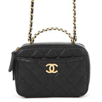 Chanel Chain Shoulder Bag CC Logo Quilted Vanity Top Handle Caviar Leather Black