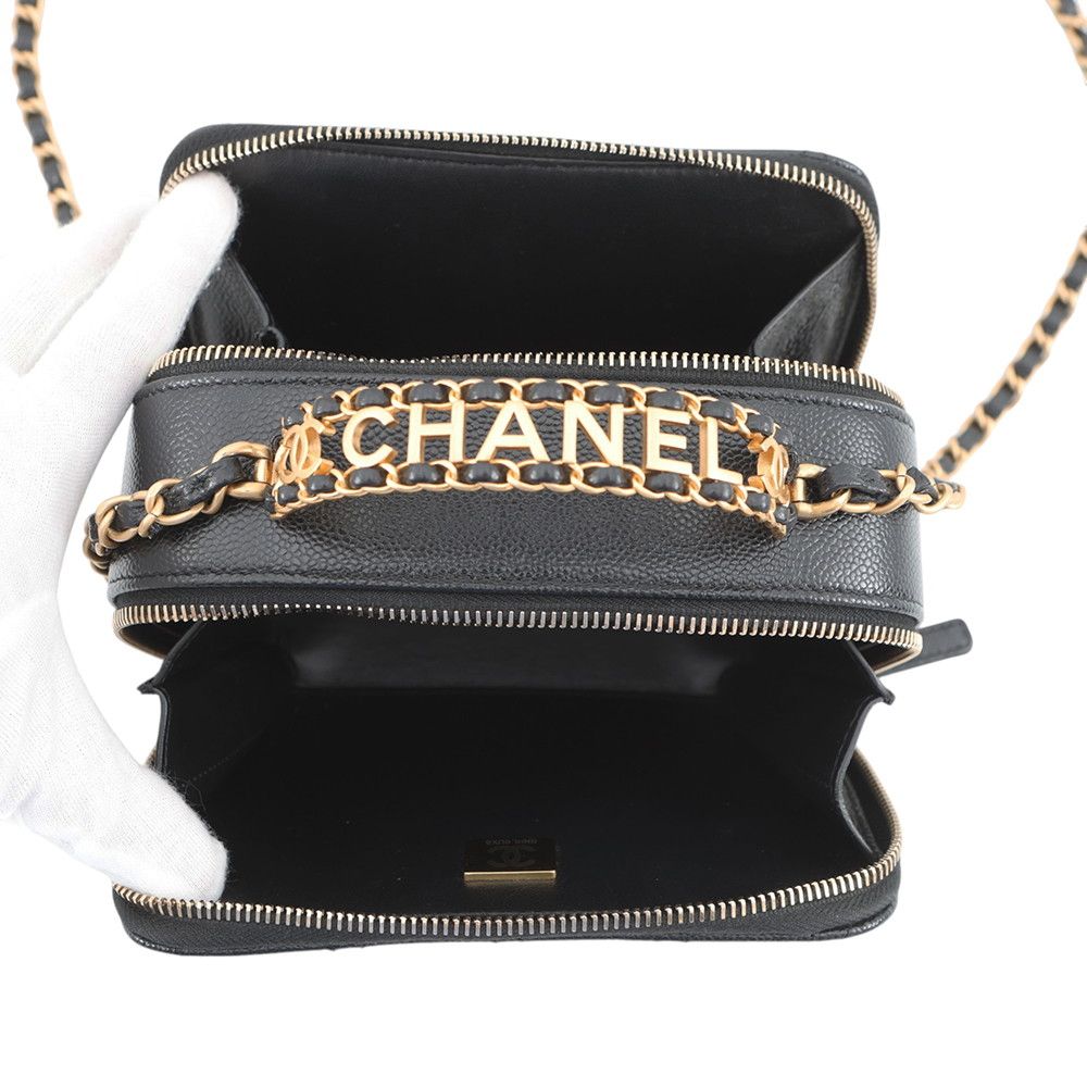 Chanel Chain Shoulder Bag CC Logo Quilted Vanity Top Handle Caviar Leather Black — view 6