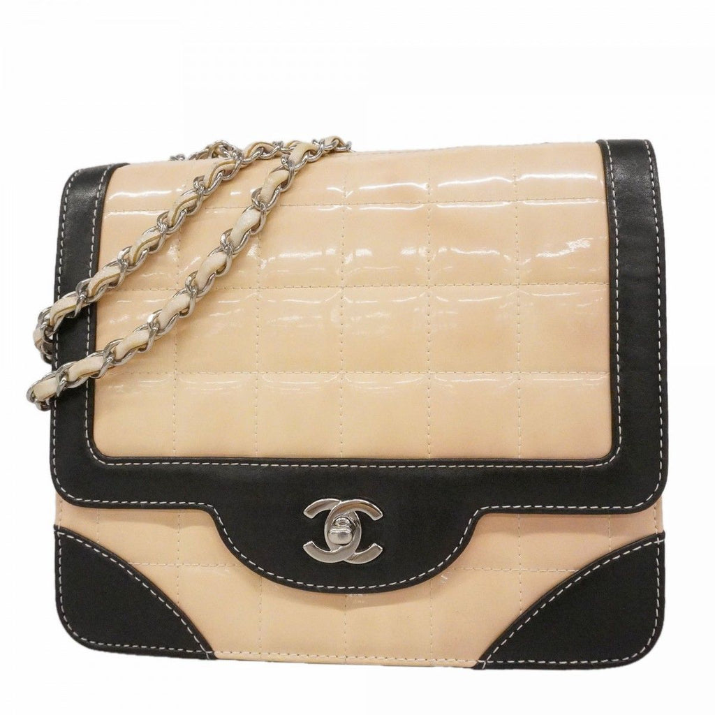 Chanel Shoulder Bag Choco Bar Patent Leather Ivory Black Silver
