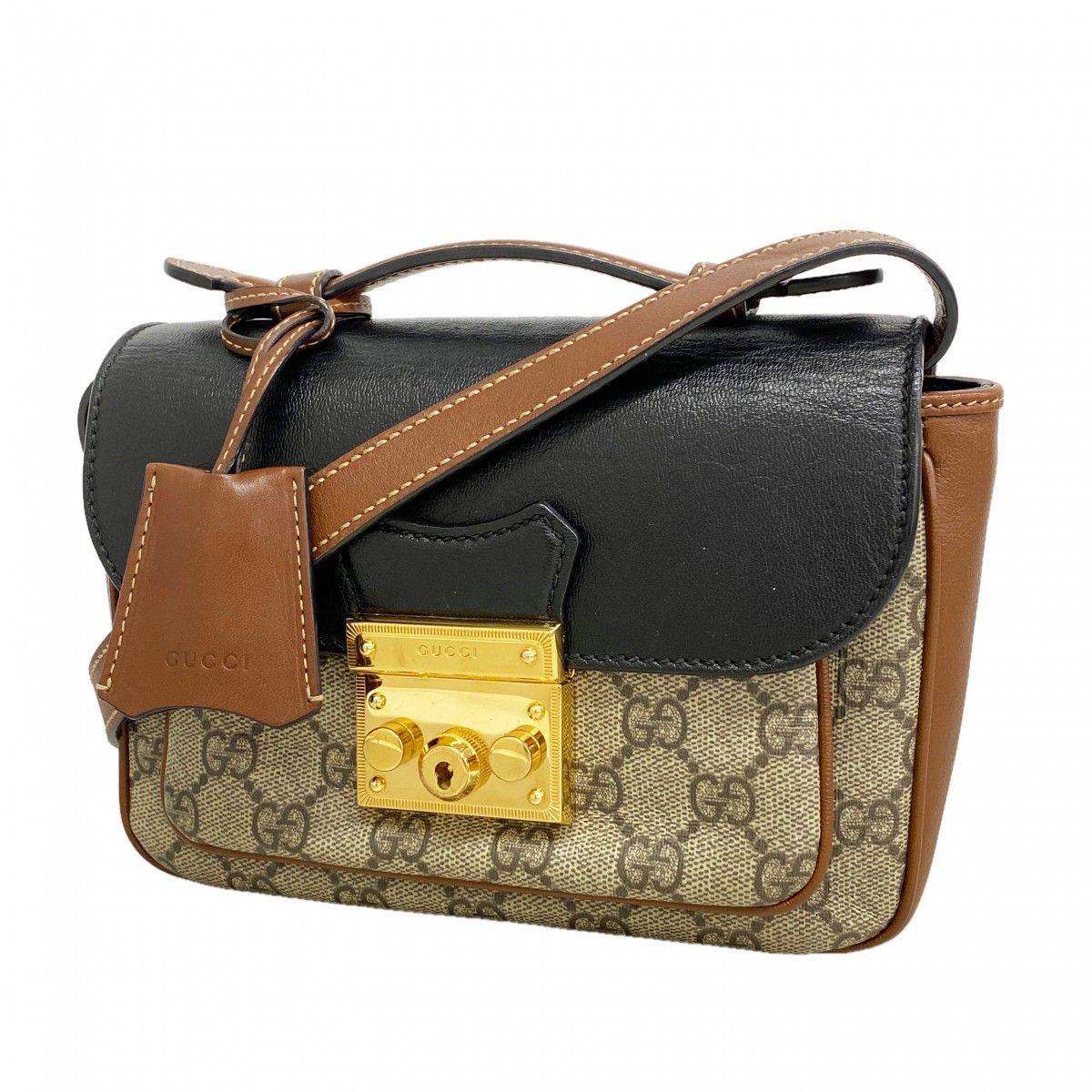 Gucci Handbag GG Supreme Beige Brown Black Gold 2-Way