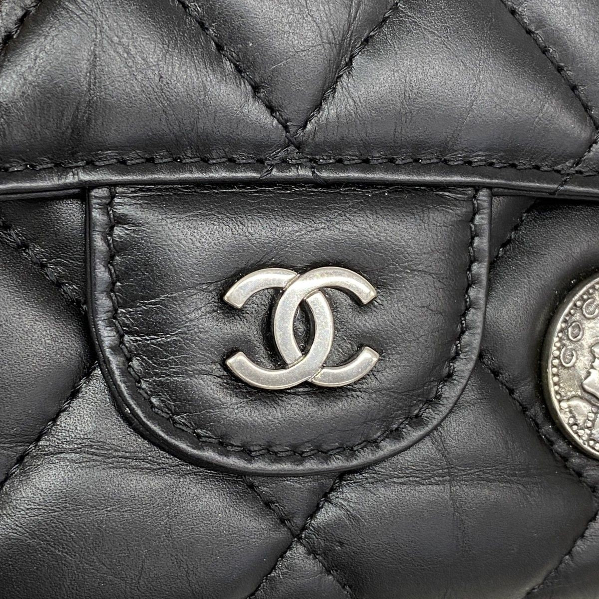 Chanel Trifold Wallet Quilted Icon Calfskin Black Silver — view 6