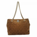 Chanel Chain Tote Quilted Suede Brown Silver