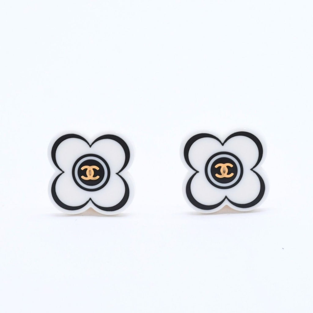 Chanel CC Logo Earrings 02 Flower Motif Camellia White Black Resin