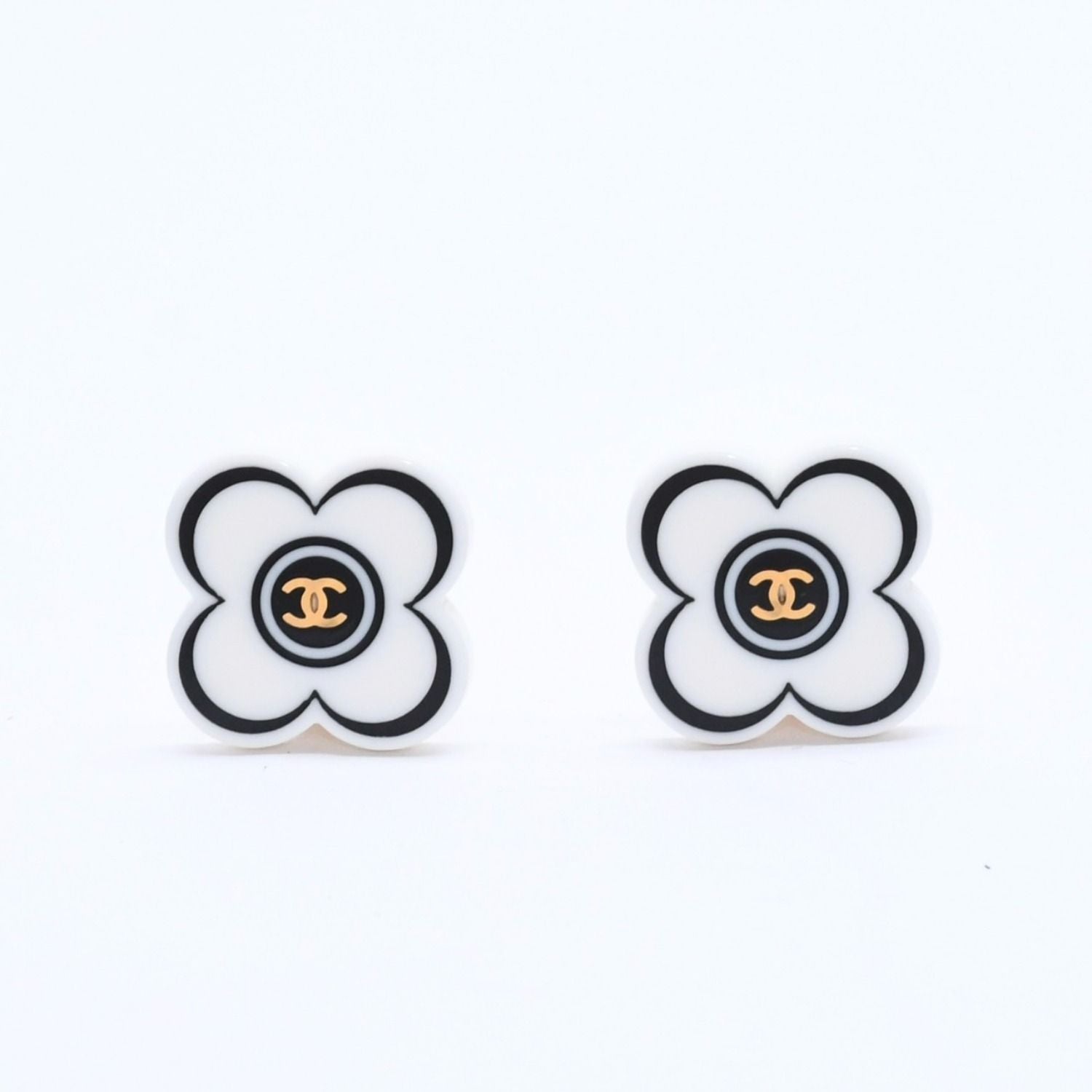 Chanel CC Logo Earrings 02 Flower Motif Camellia White Black Resin