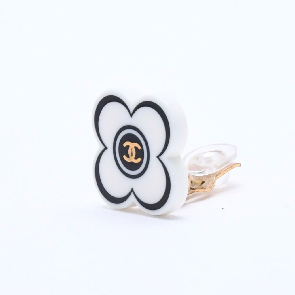 Chanel CC Logo Earrings 02 Flower Motif Camellia White Black Resin — view 2