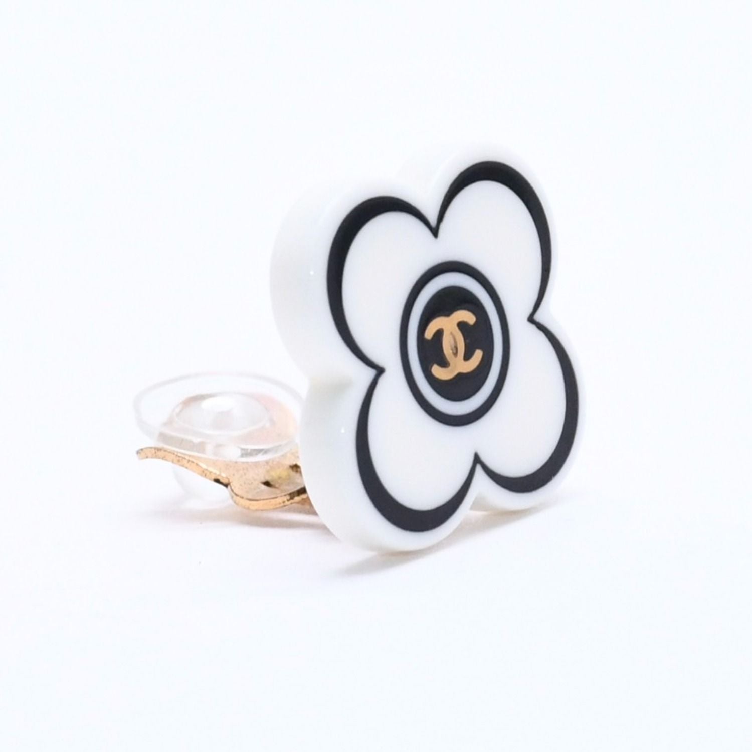 Chanel CC Logo Earrings 02 Flower Motif Camellia White Black Resin — view 4