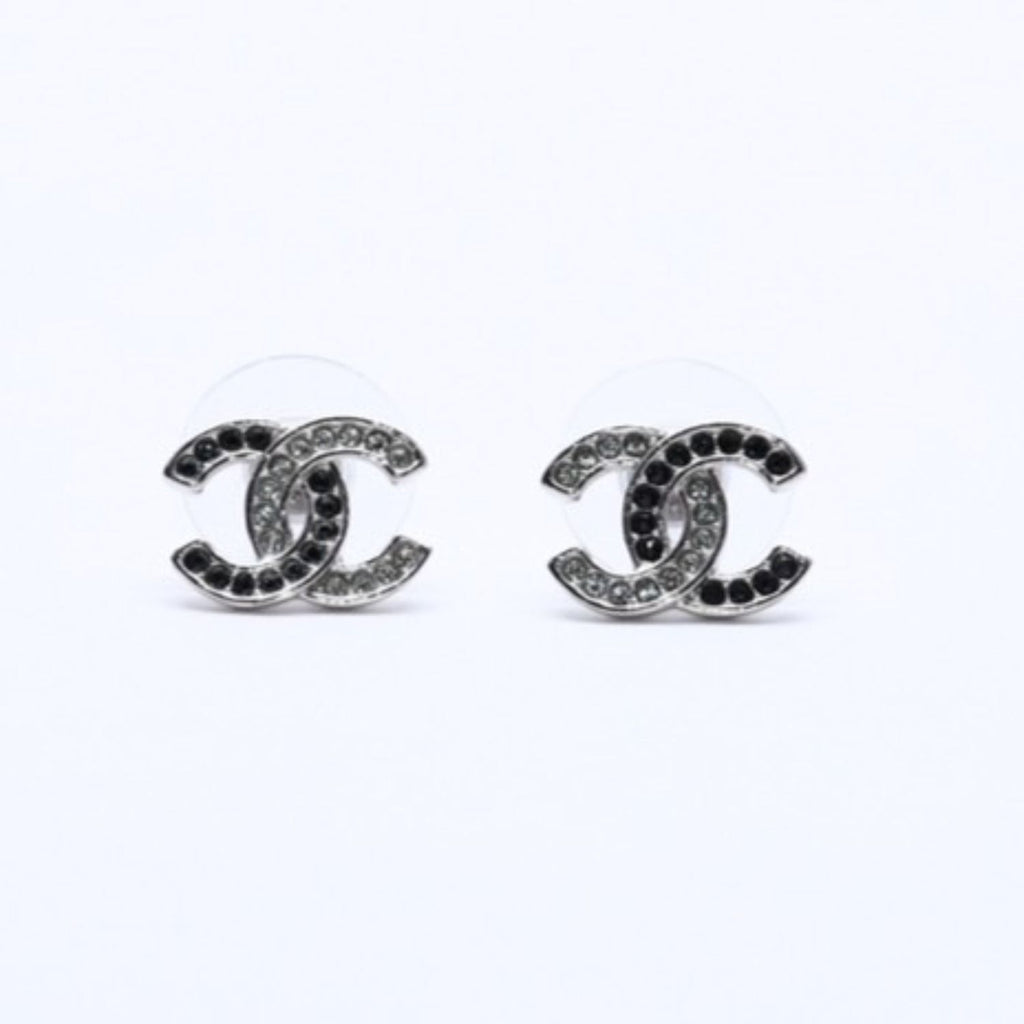 Chanel CC Logo Earrings 18 Metal Rhinestone Silver Black Clear — view 2