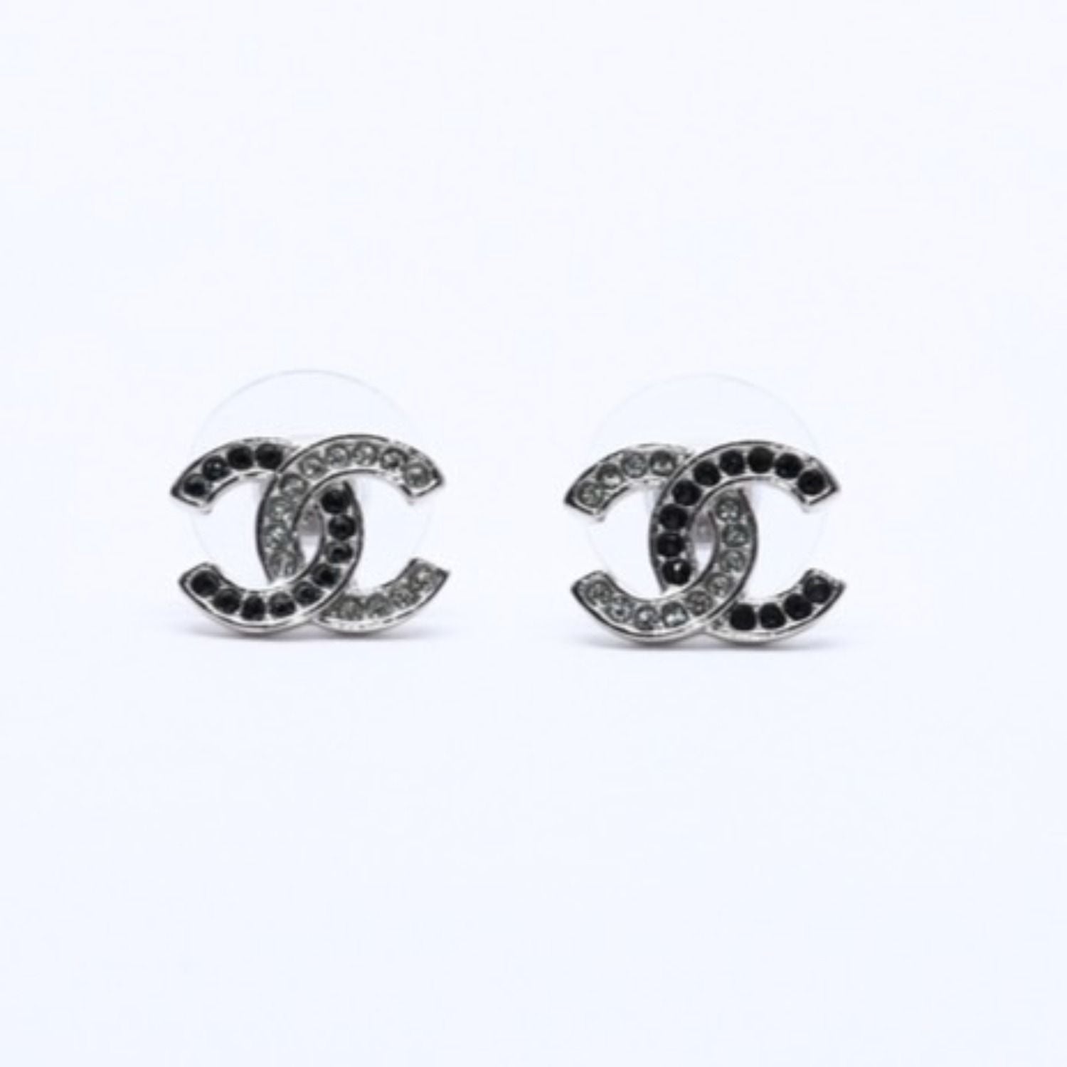 Chanel CC Logo Earrings 18 Metal Rhinestone Silver Black Clear — view 2