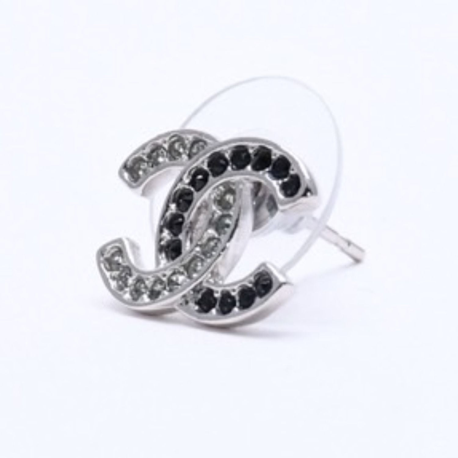Chanel CC Logo Earrings 18 Metal Rhinestone Silver Black Clear — view 3