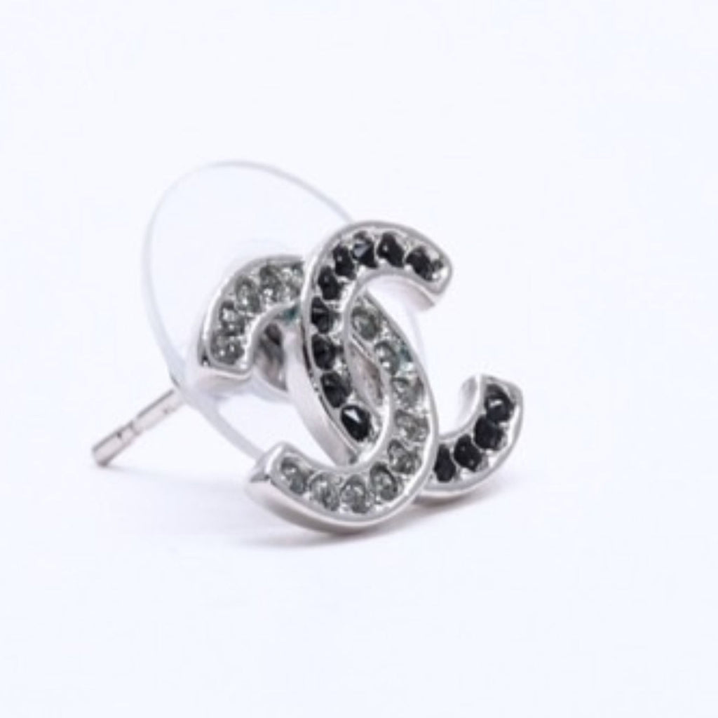 Chanel CC Logo Earrings 18 Metal Rhinestone Silver Black Clear — view 4