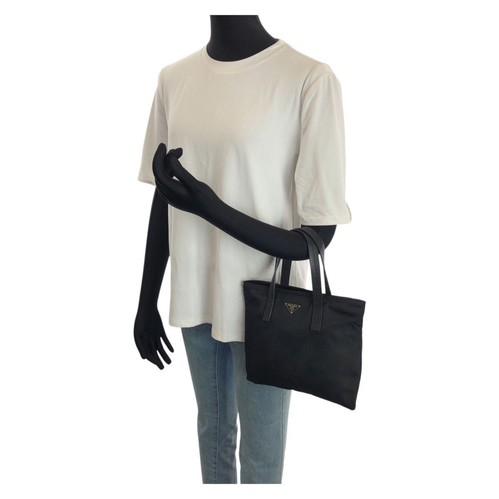 Prada Tessuto Black Silver Nylon Leather Handbag — view 7