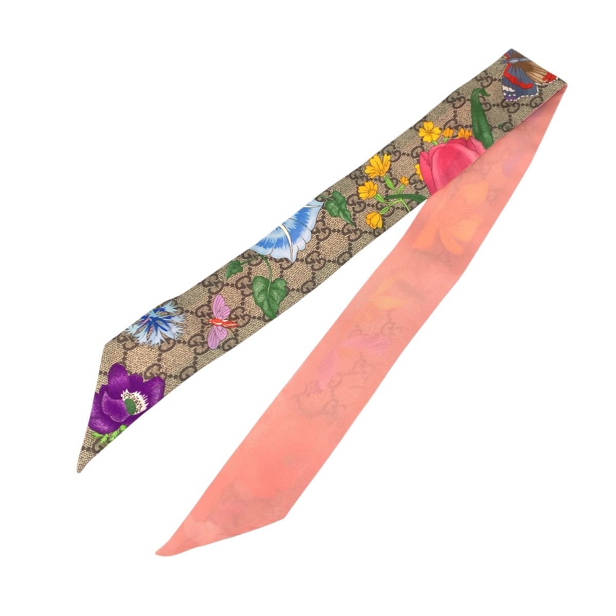 Gucci Flora Print GG Pattern Beige Multicolor Silk Scarf Ribbon — view 2