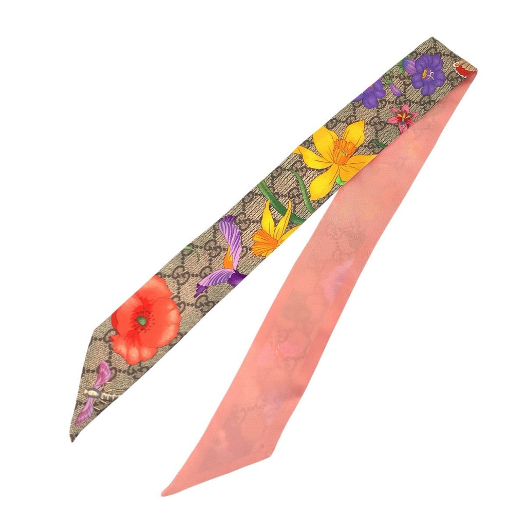 Gucci Flora Print GG Pattern Beige Multicolor Silk Scarf Ribbon