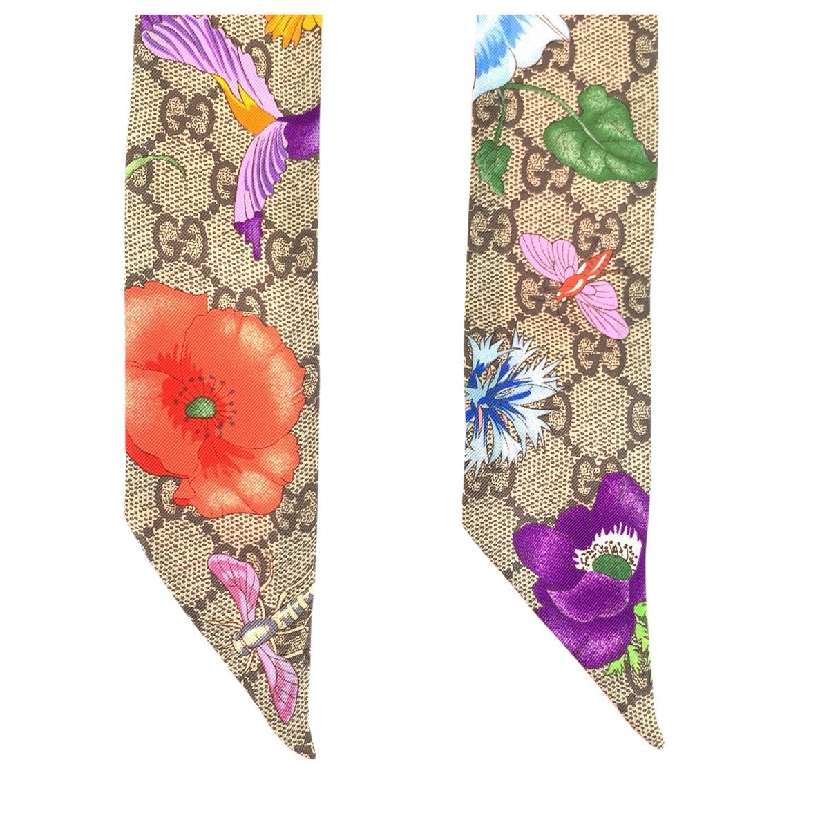 Gucci Flora Print GG Pattern Beige Multicolor Silk Scarf Ribbon — view 4