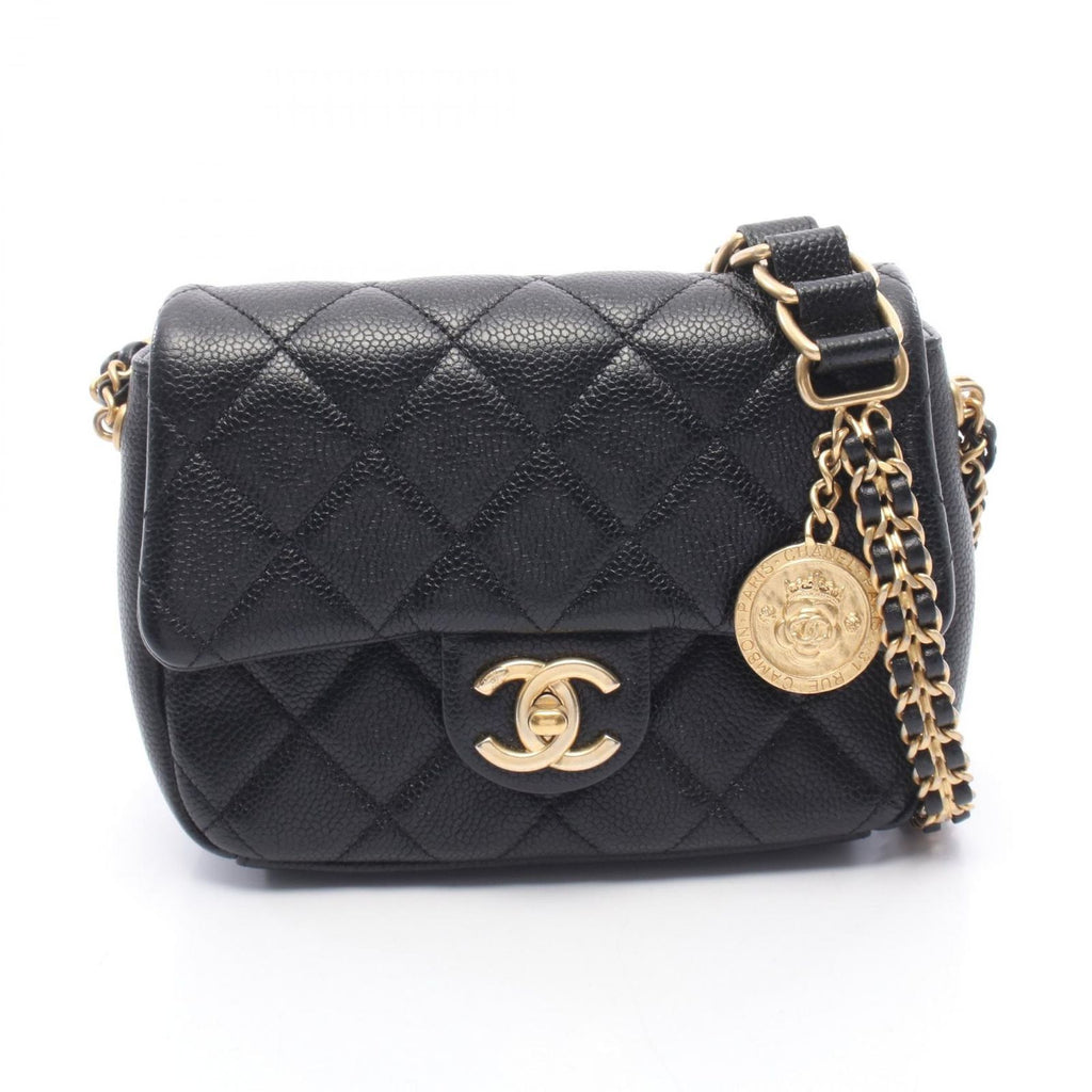 Chanel Shoulder Bag Mini Quilted Black Caviar Leather Chain