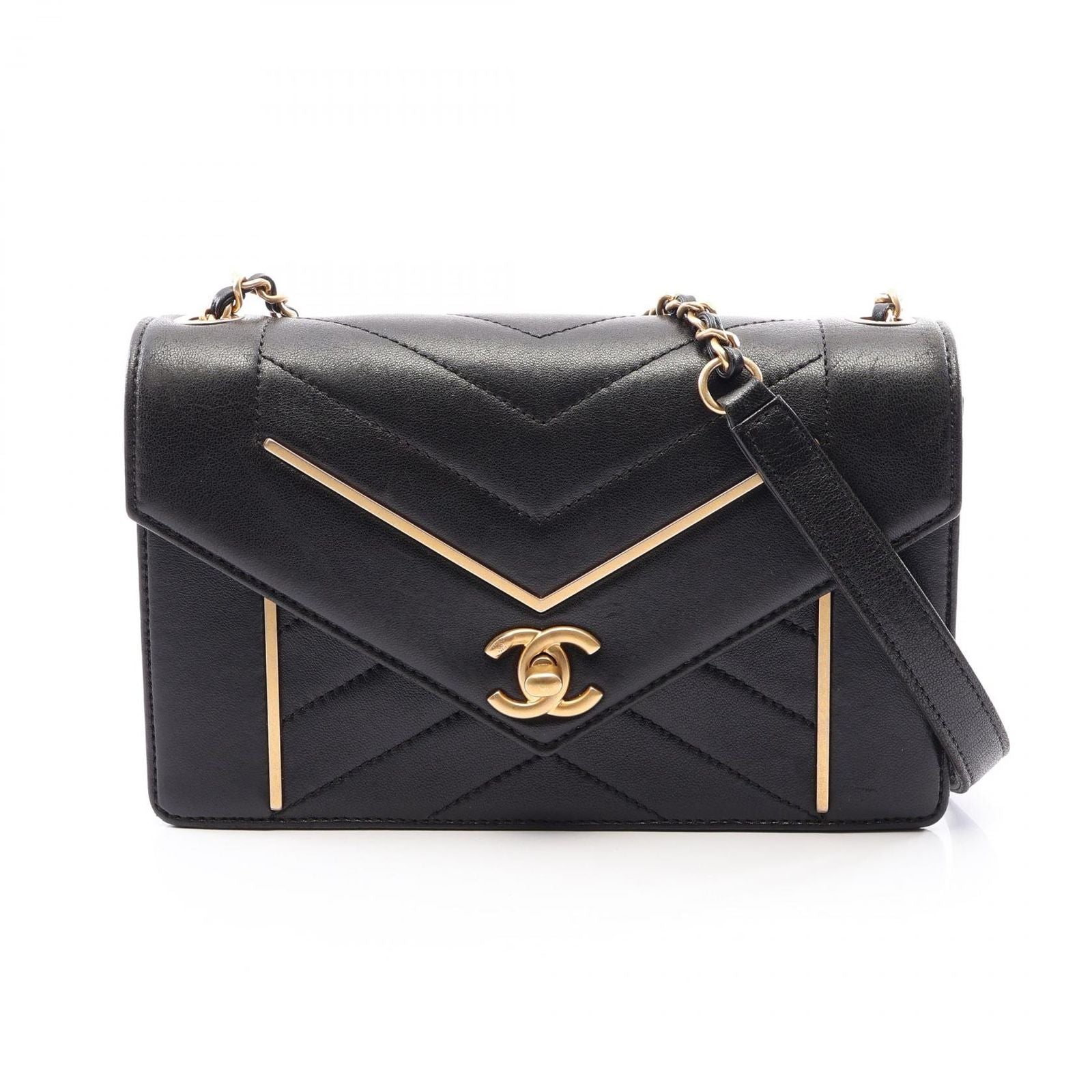 Chanel Shoulder Bag Stitch Mini Black Gold Lambskin Chain