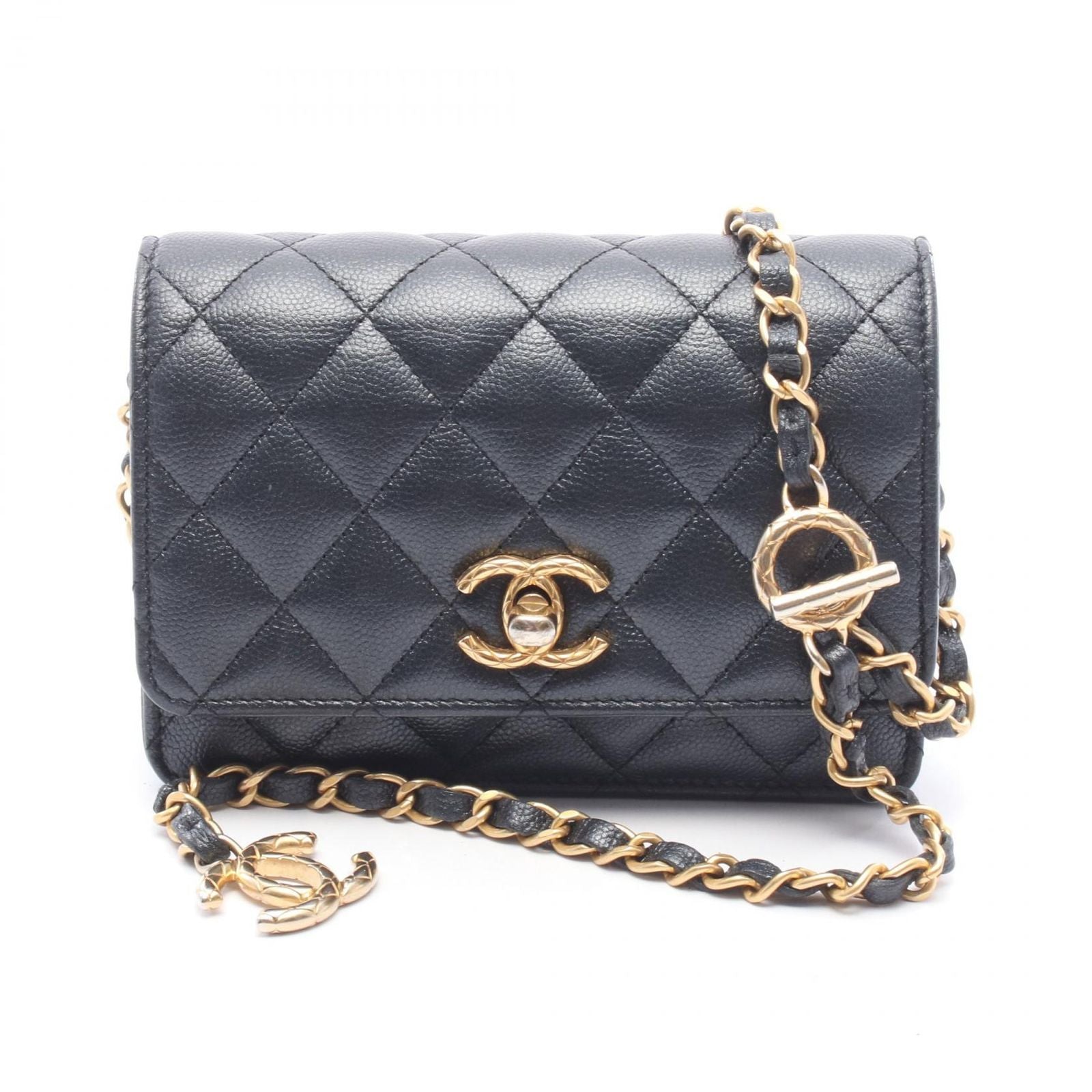 Chanel Shoulder Bag Quilted Mini Chain Wallet Metallic Black Calf