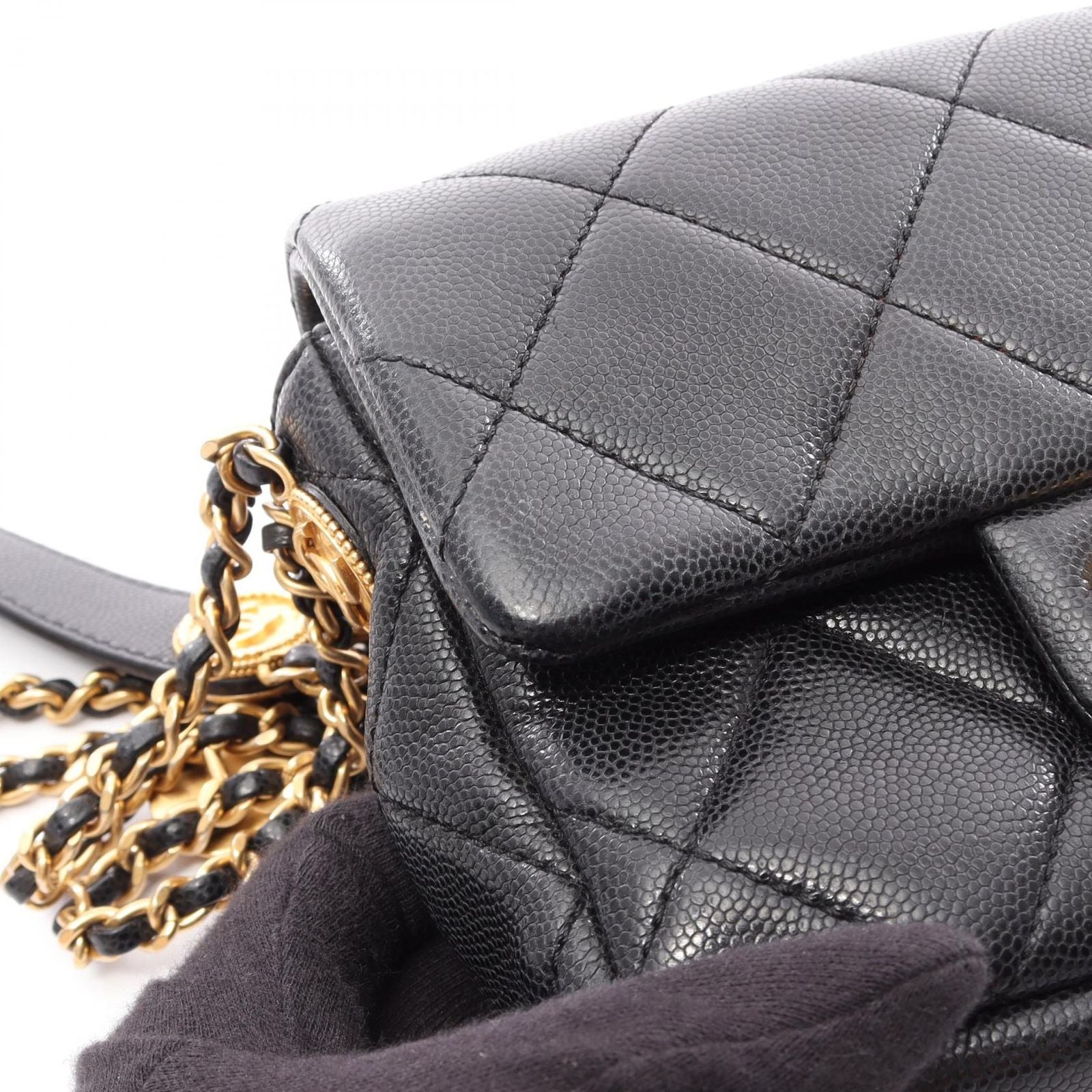 Chanel Shoulder Bag Quilted Mini Flap Black Caviar Leather Chain — view 9