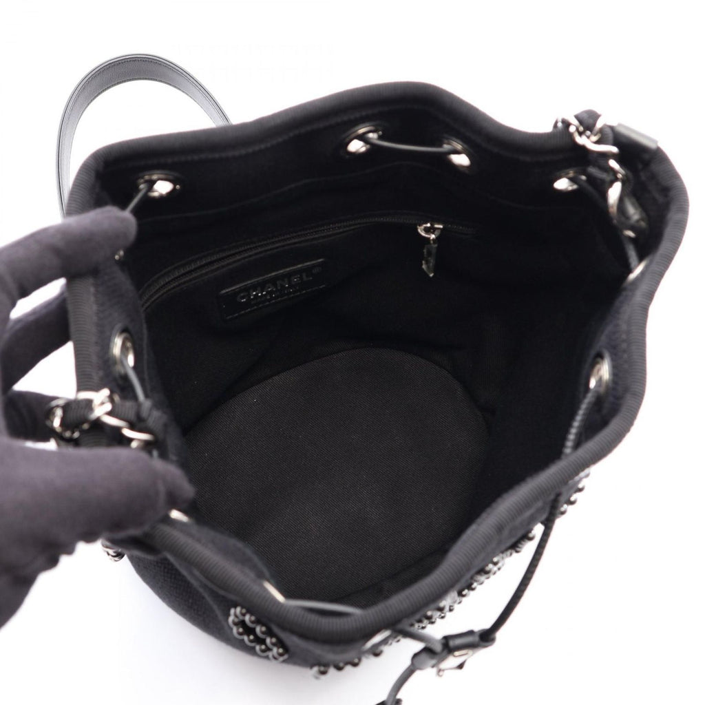 Chanel Shoulder Bag Deauville Black Canvas Leather Drawstring Small — view 3