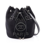 Chanel Shoulder Bag Deauville Black Canvas Leather Drawstring Small