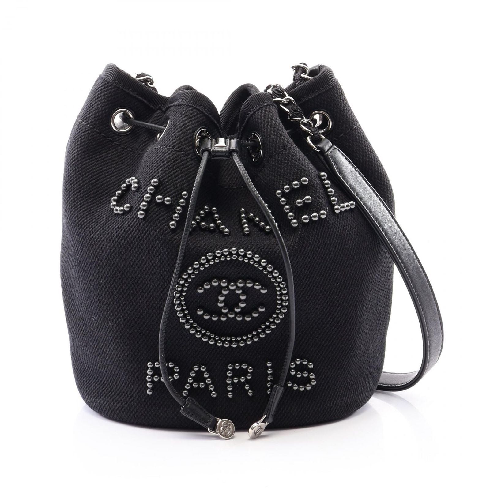 Chanel Shoulder Bag Deauville Black Canvas Leather Drawstring Small