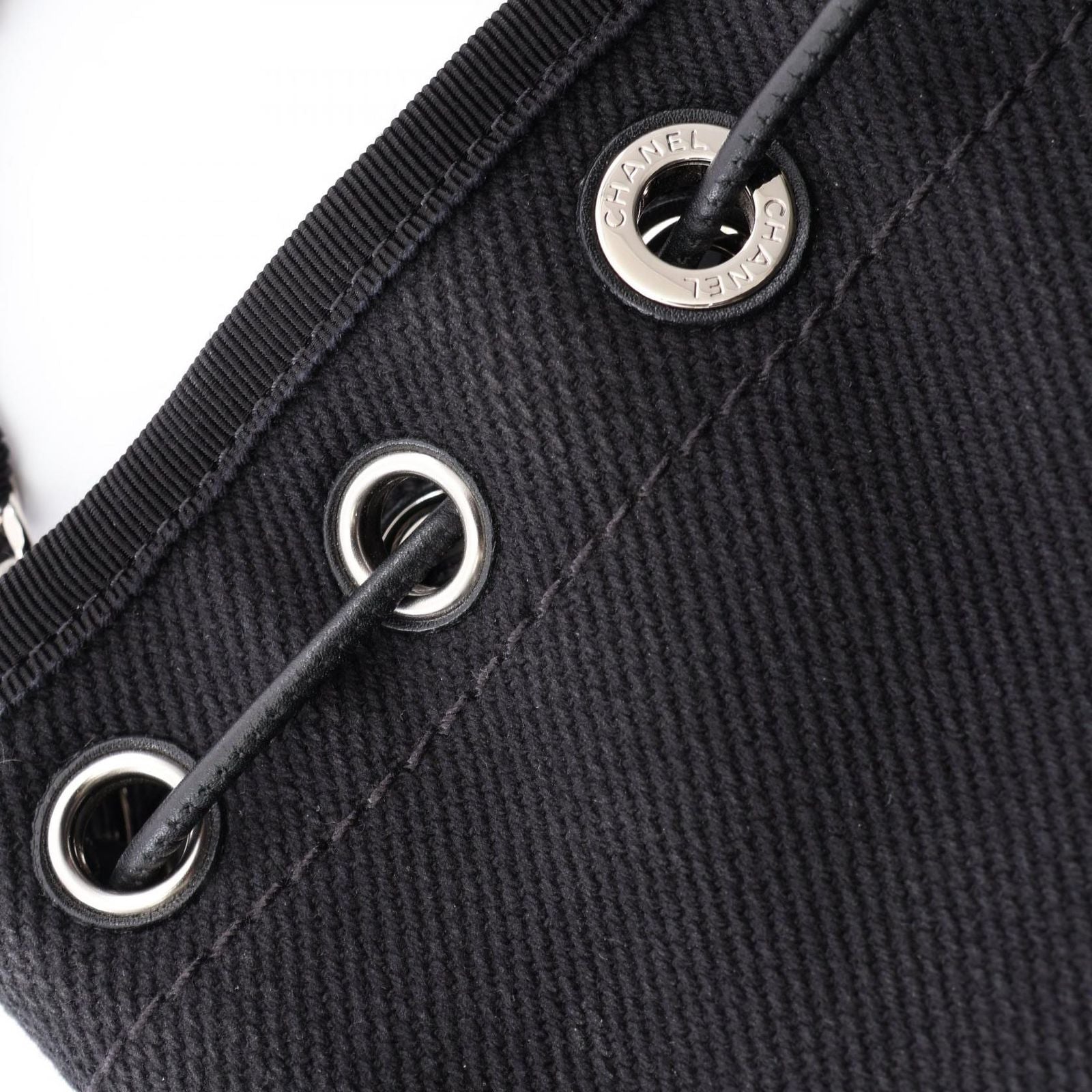 Chanel Shoulder Bag Deauville Black Canvas Leather Drawstring Small — view 9