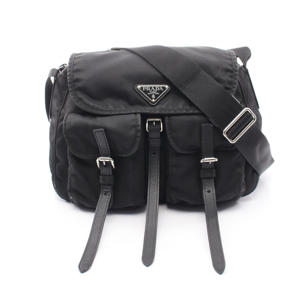 Prada Shoulder Bag Triangle Logo Black Nylon Saffiano Leather