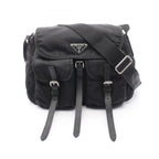 Prada Shoulder Bag Triangle Logo Black Nylon Saffiano Leather