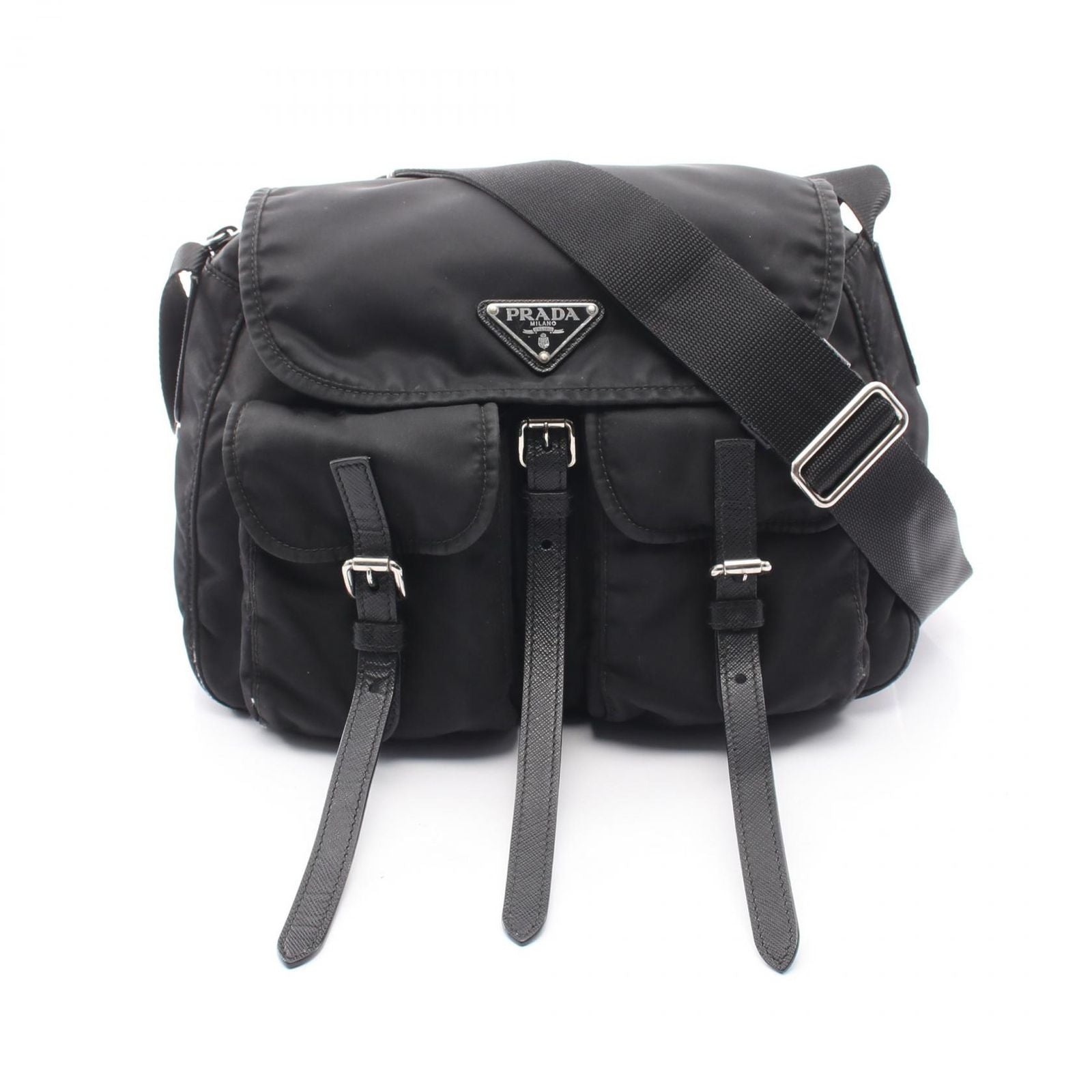Prada Shoulder Bag Triangle Logo Black Nylon Saffiano Leather