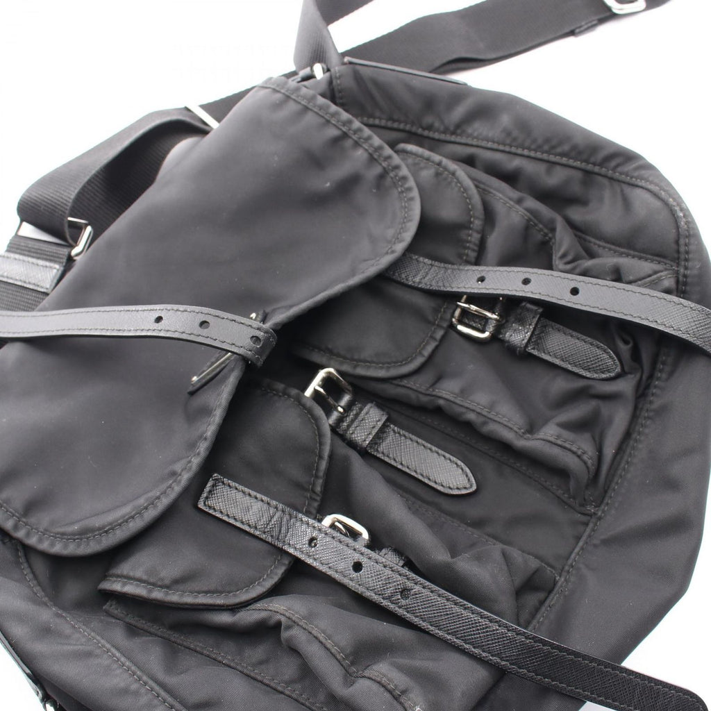 Prada Shoulder Bag Triangle Logo Black Nylon Saffiano Leather — view 9