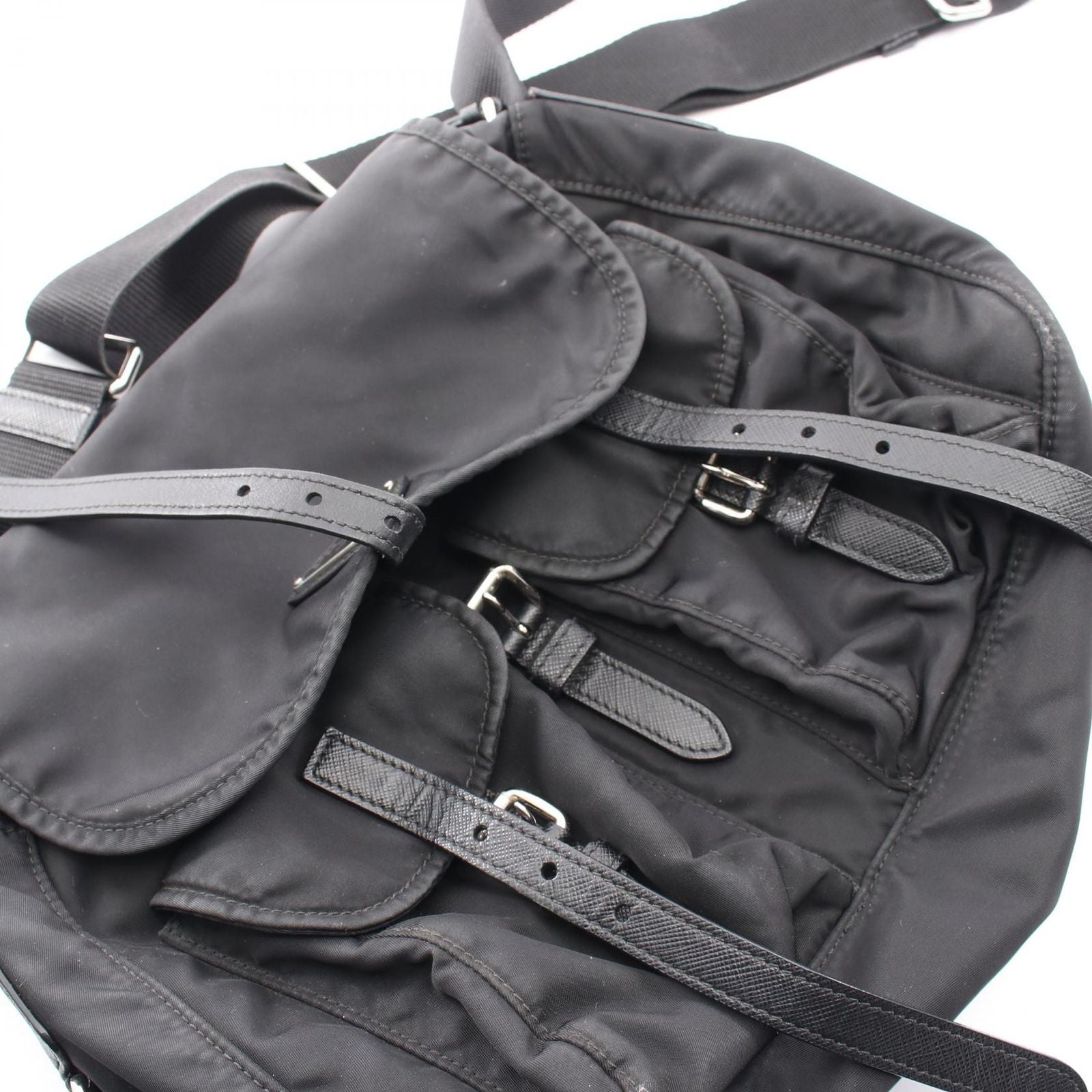 Prada Shoulder Bag Triangle Logo Black Nylon Saffiano Leather — view 9