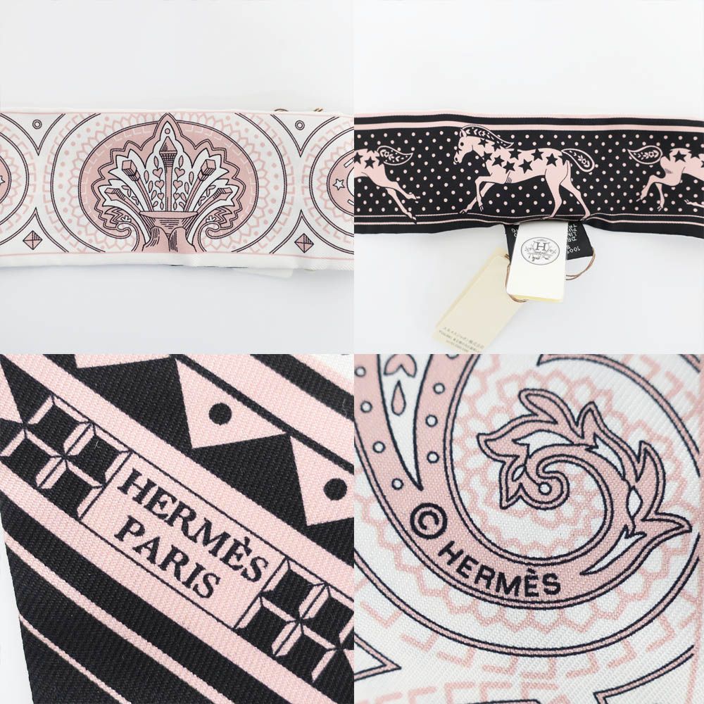 Hermes Heaven Twilly Cheval Coule Bandana Scarf Silk Pink Black White — view 8