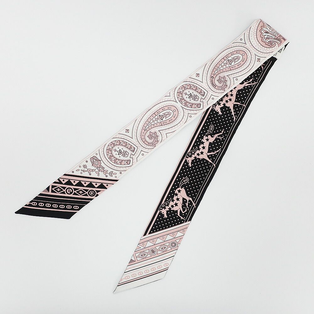 Hermes Heaven Twilly Cheval Coule Bandana Scarf Silk Pink Black White — view 2