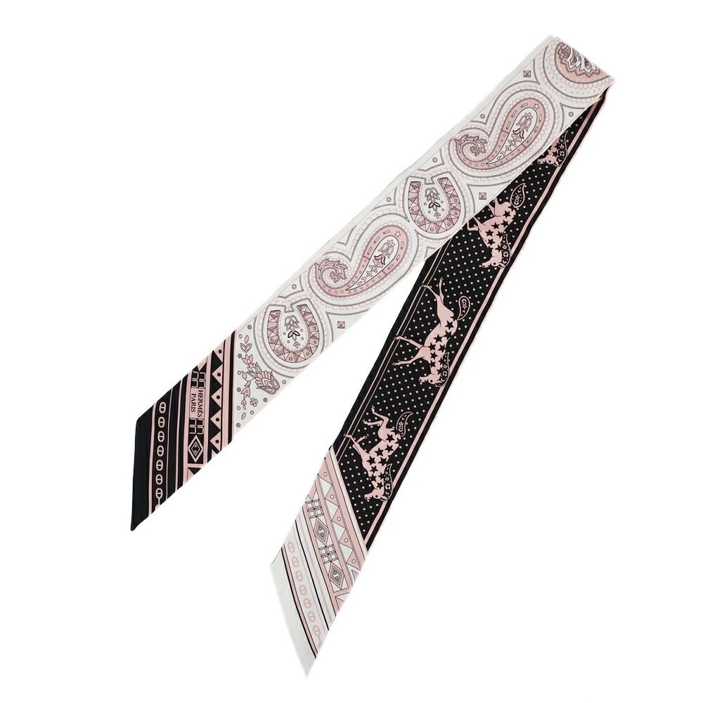 Hermes Heaven Twilly Cheval Coule Bandana Scarf Silk Pink Black White