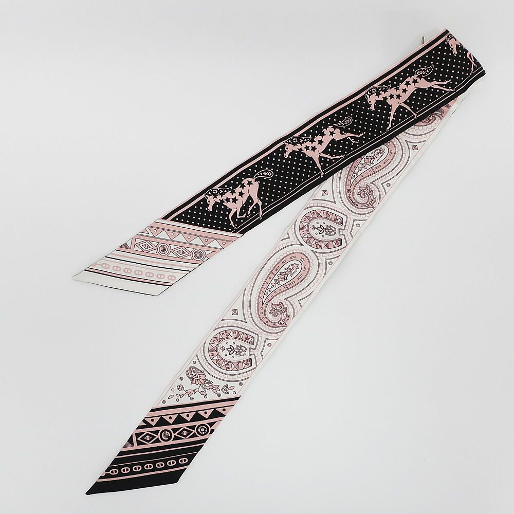 Hermes Heaven Twilly Cheval Coule Bandana Scarf Silk Pink Black White — view 3