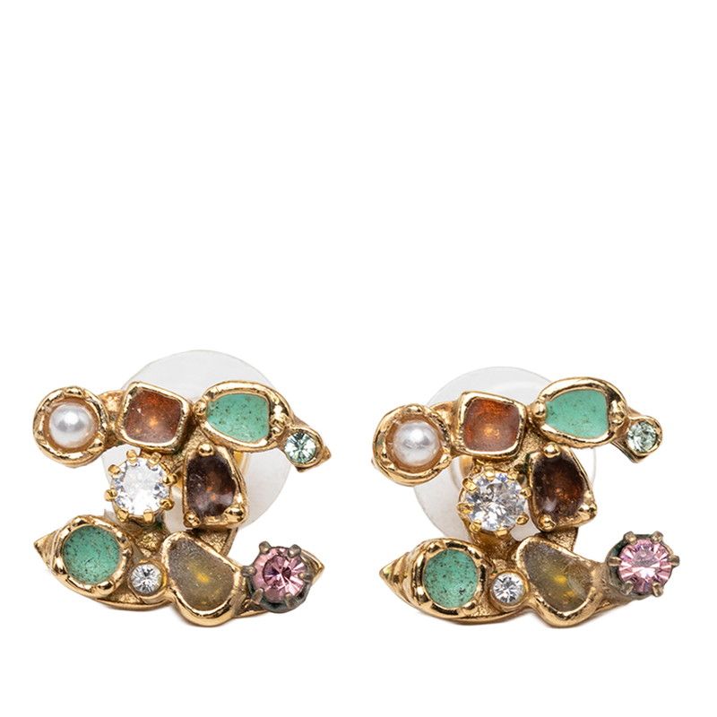 Chanel CC Logo Stud Earrings Gold Plated