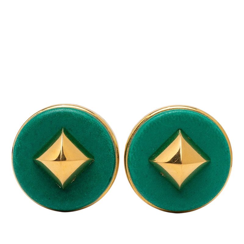 Hermes Series Medle Round Circle Earrings Gold Green Plated Leather