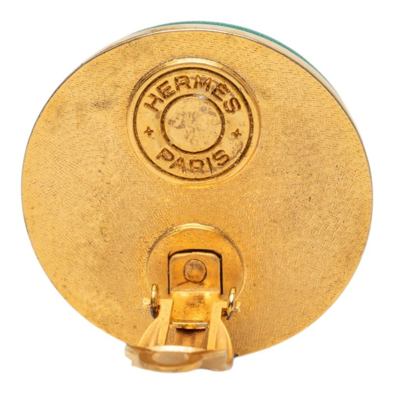 Hermes Series Medle Round Circle Earrings Gold Green Plated Leather — view 3