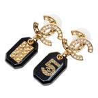 Chanel CC Logo Quilted Bag Stud Earrings Swing Gold Black Plated Resin